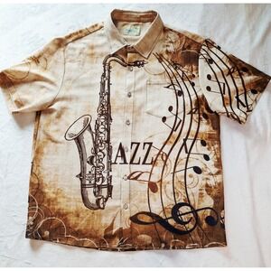 Royaura Hawaiian Jazz Saxophonist Button Down Shirt Earth Tones Men's (Large)